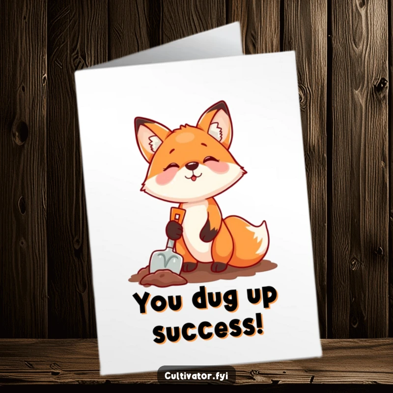 Funny Free Printable Congrats Card: A fox joyfully digging with a shovel, celebrating a successful endeavor.