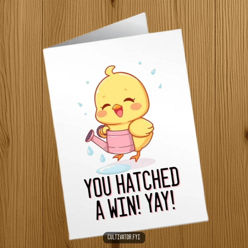 Free Printable Congrats Card: Joyous chick collecting dewdrops in a watering can to celebrate success.