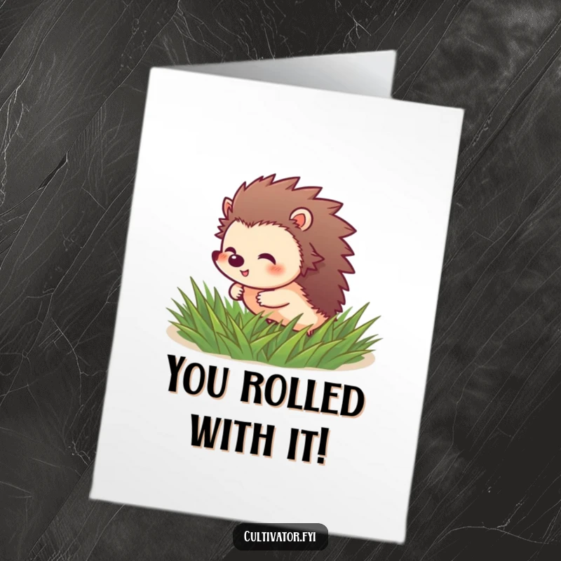 Funny Free Printable Congrats Card: A giggling hedgehog rolling happily through soft green grass, a symbol of pure delight.