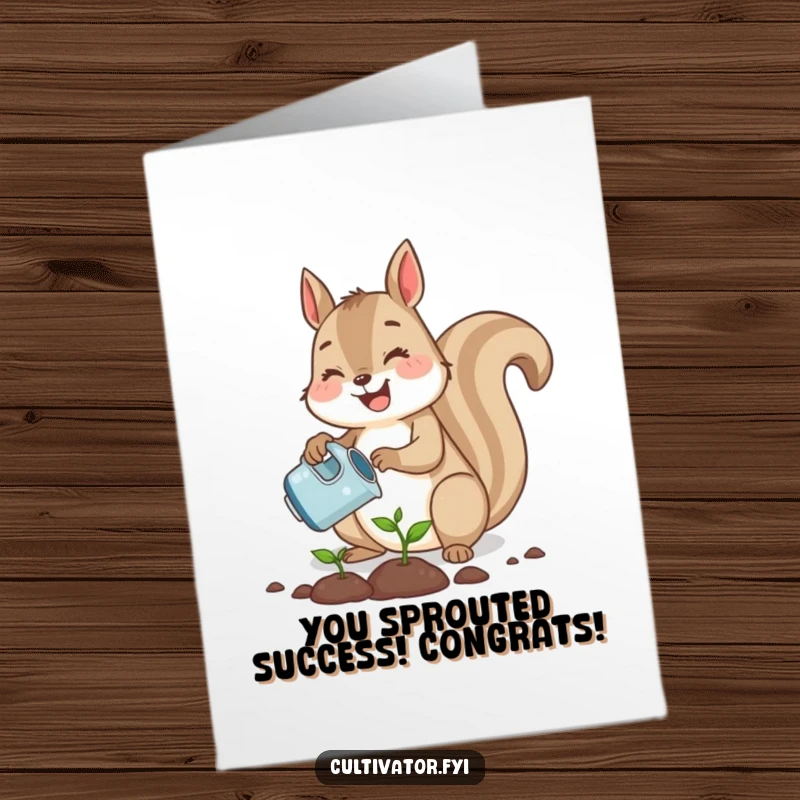 Funny Free Printable Congrats Card: Cute squirrel joyfully planting a tiny seed with a watering can, ideal for DIY