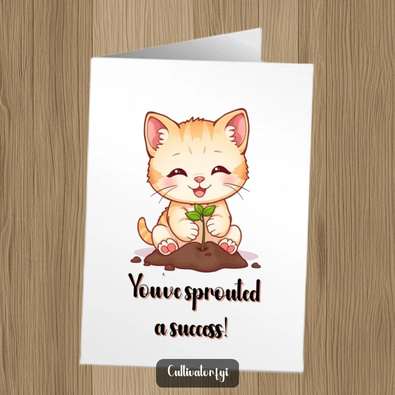 Cute Free Printable Congrats Card: A smiling kitten diligently planting a seed, representing growth and achievement.