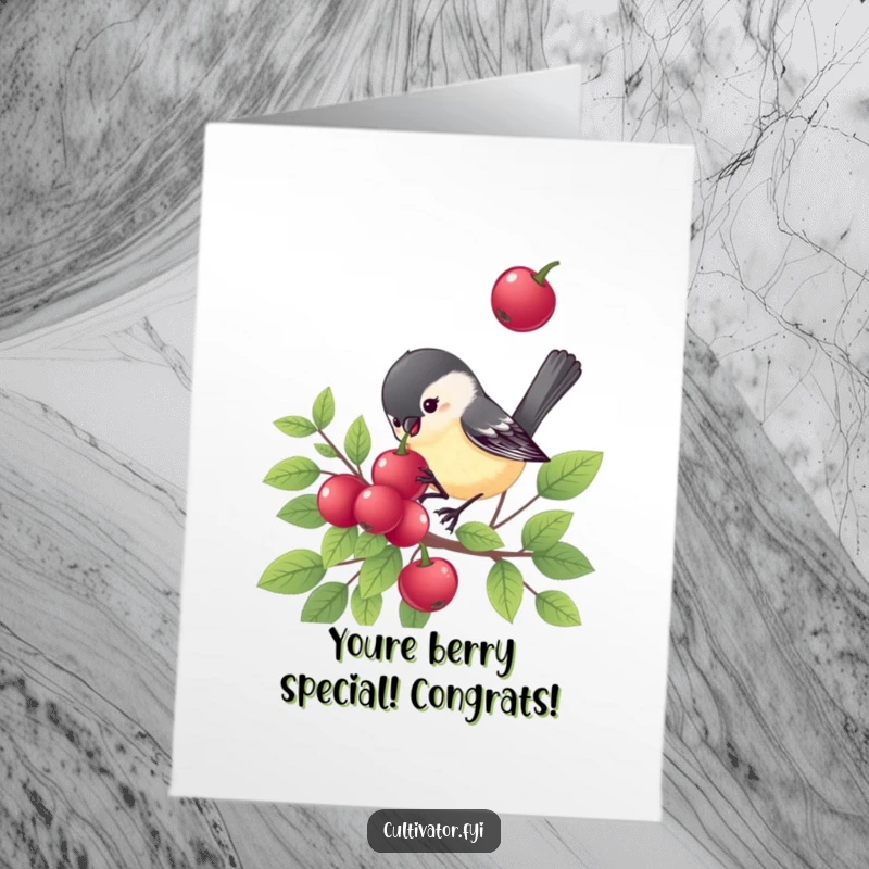 Funny Free Printable Congrats Card: A chickadee happily pecking a berry, perfect for delivering humorous congratulations.