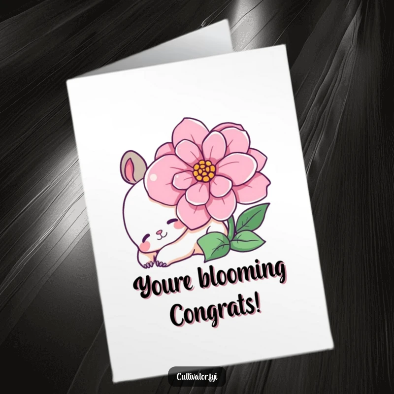 Funny Free Printable Congratulations Card showing a content animal resting by a large, beautiful flower, signifying peaceful achievement.