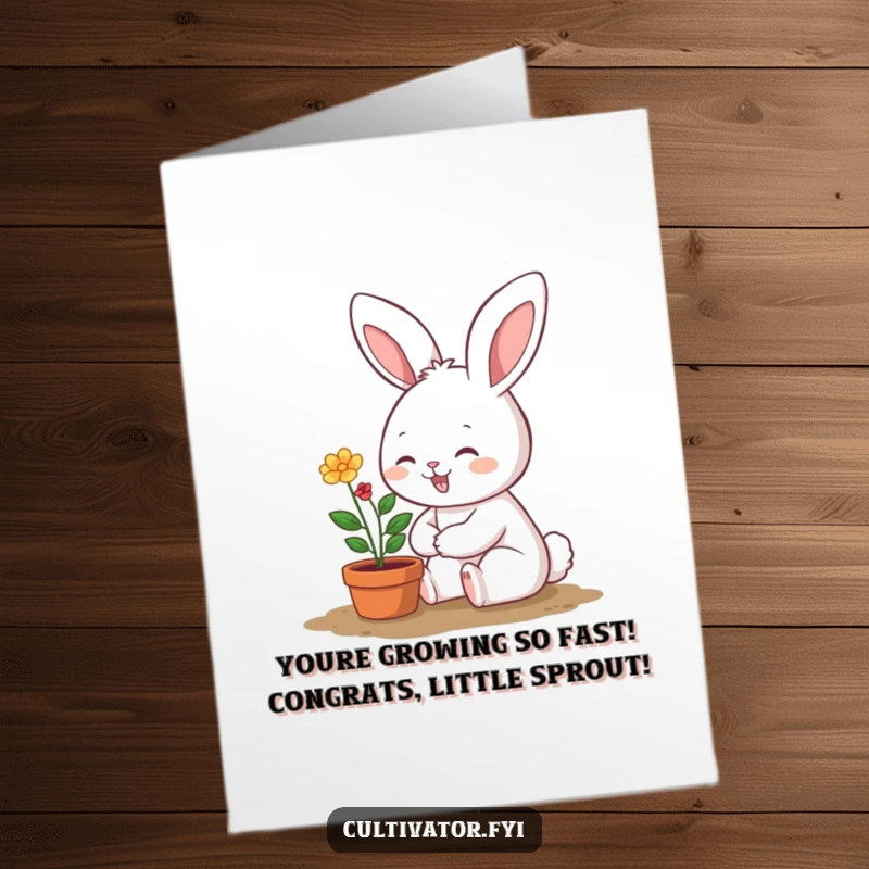 Funny Free Printable Congrats Card: Smiling bunny tenderly caring for a small, vibrant potted plant, celebrating success.