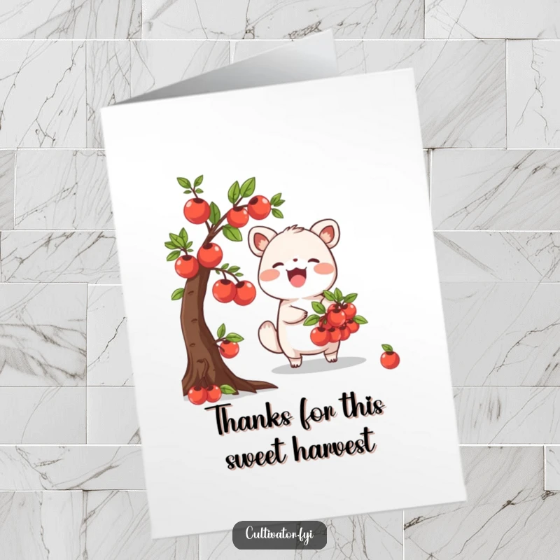 Funny free printable thank you card of a joyful animal character gathering ripe fruits, expressing thanks.