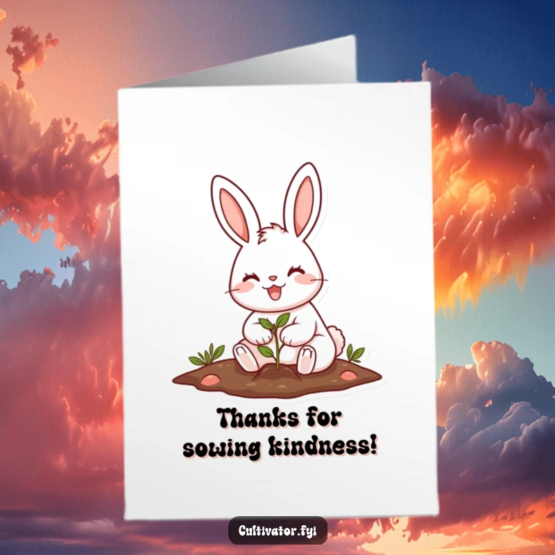 Funny Free Printable Thank You Card with a cheerful rabbit planting a seed, symbolizing gratitude with a humorous and sweet design.