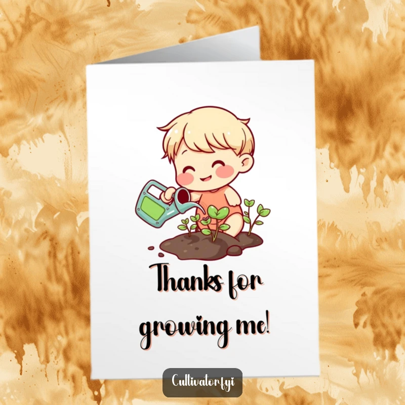 Funny Free Printable Thank You Card with a smiling character watering sprouts, conveying thanks with a humorous and nurturing theme.