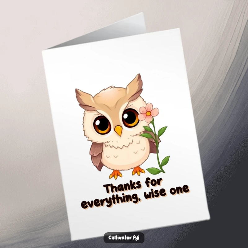 Funny Free Printable Thank You Card: Curious owl examining flower, wide amazed eyes, expressing thanks.
