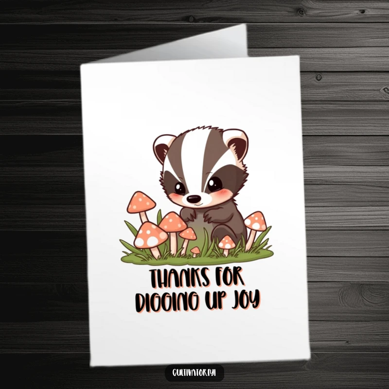 Funny Free Printable Thank You Card: Curious badger peers into a mushroom patch, showing appreciation for little wonders.