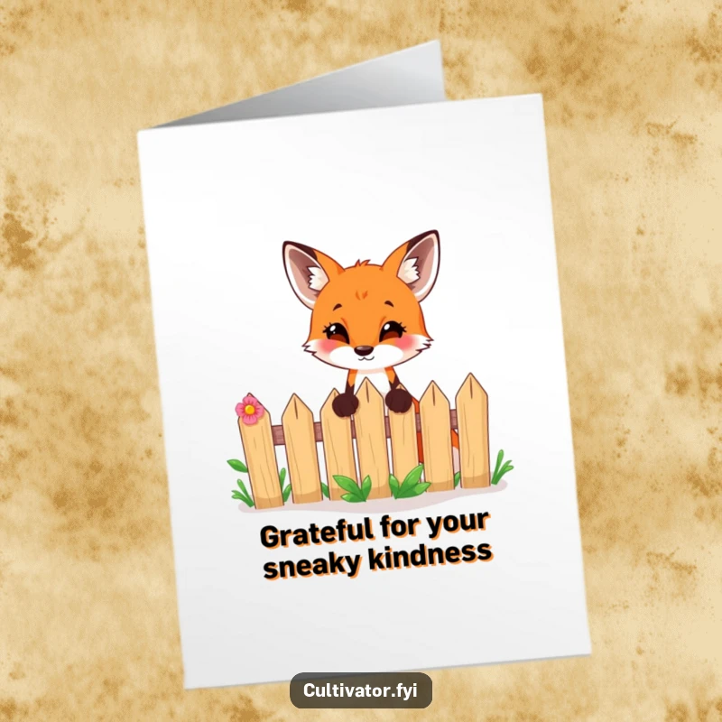 Funny Free Printable Thank You Card: Curious fox peeking over a fence, a whimsical way to say thanks with a digital download.