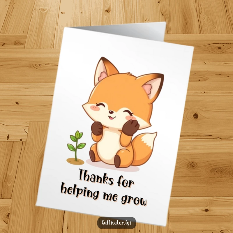 Funny Free Printable Thank You Card: Happy fox in gloves carefully tending a tiny sprout, a sweet gesture of thanks.