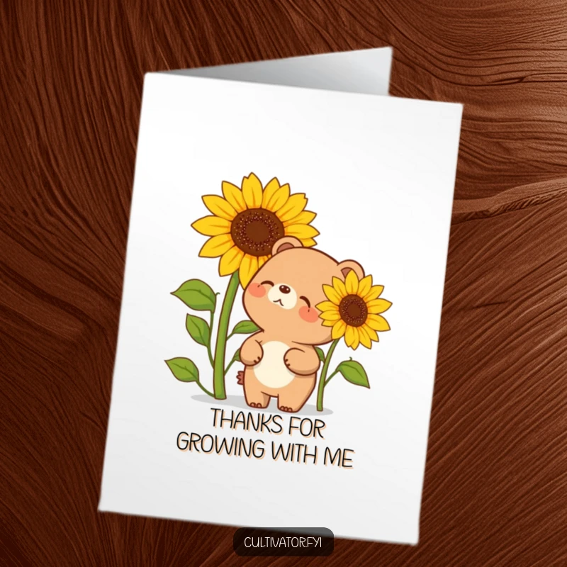 Funny Free Printable Thank You Card: Giggling bear adores a huge sunflower, conveying heartfelt thanks with a sweet smile.
