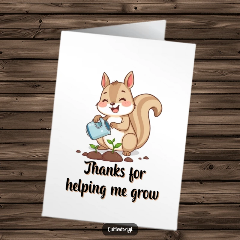 Funny Free Printable Thank You Card: Cute squirrel joyfully planting a tiny seed with a watering can, perfect for DIY