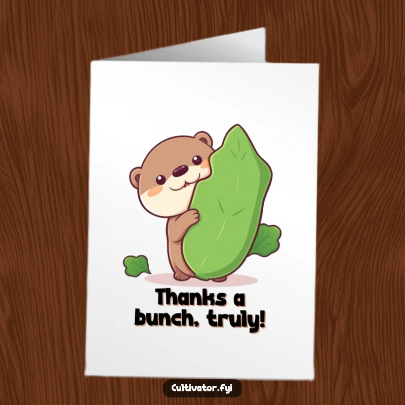 Funny Free Printable Thank You Card: An otter peeks out from behind a huge veggie, offering a unique expression of thanks.