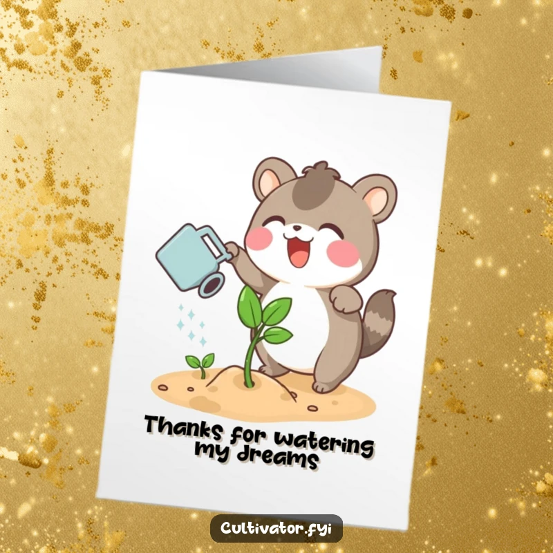 Funny Free Printable Thank You Card: An excited animal diligently waters a plant, representing care and gratitude.