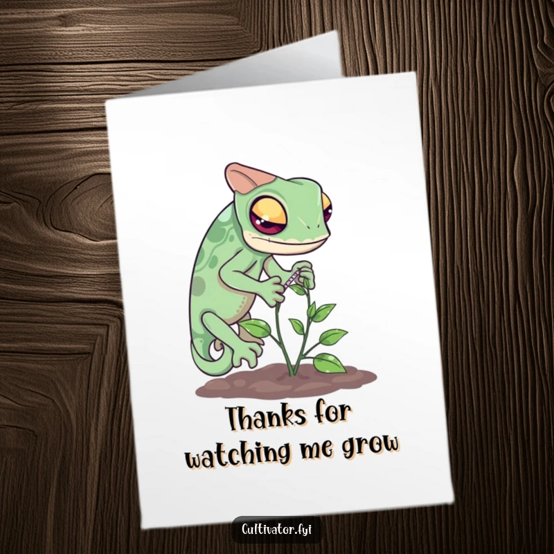 Funny Free Printable Thank You Card: A curious chameleon carefully measuring the growth of a tiny vine, showing thoughtful gratitude.