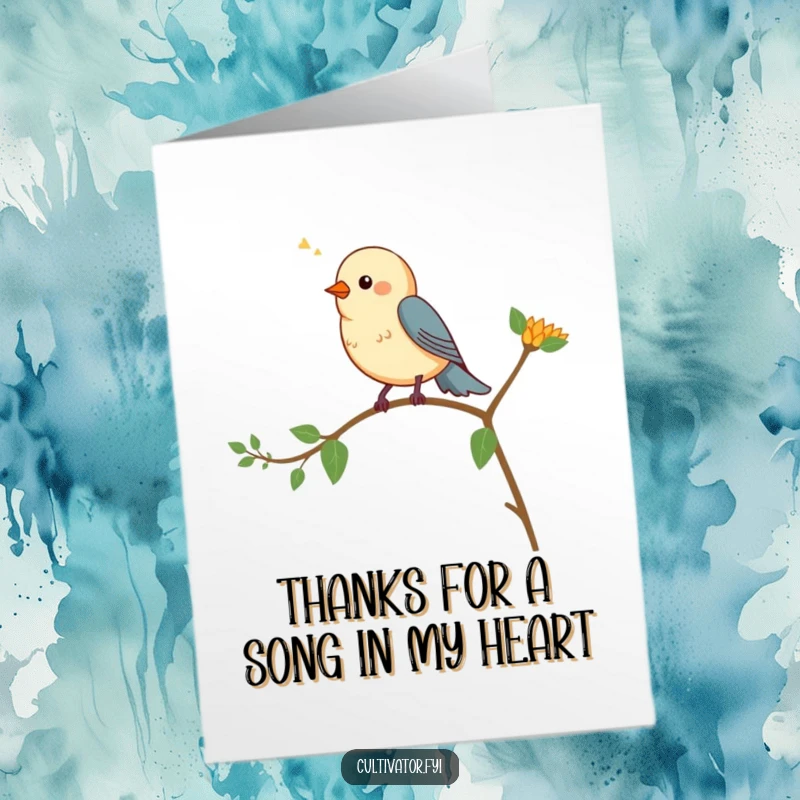 Funny free printable thank you card: a bird cheerfully chirping from a plant, a musical way to say thanks.
