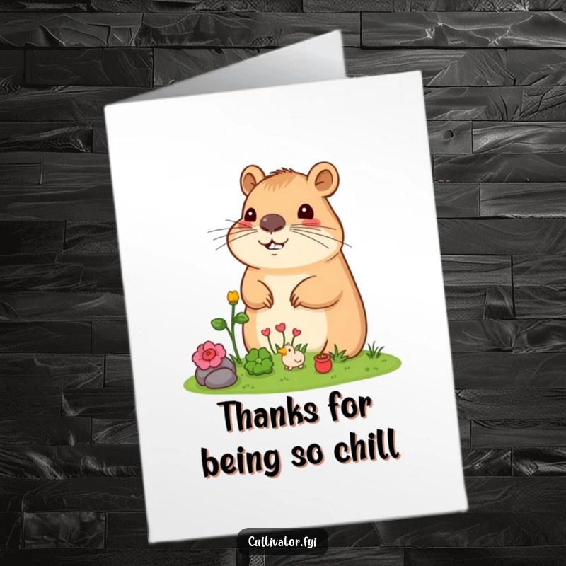Funny Free Printable Capybara Thank You Card: A happy capybara enjoys its garden, perfect for expressing thanks humorously.