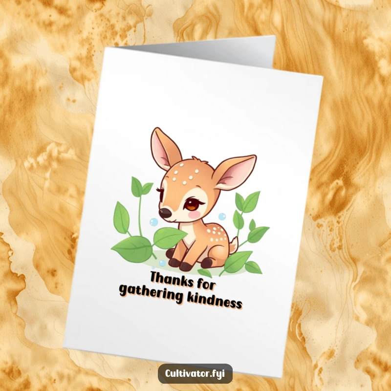 Funny Free Printable Thank You Card: Focused deer carefully collects dew drops from leaves, expressing gentle and sincere thanks.