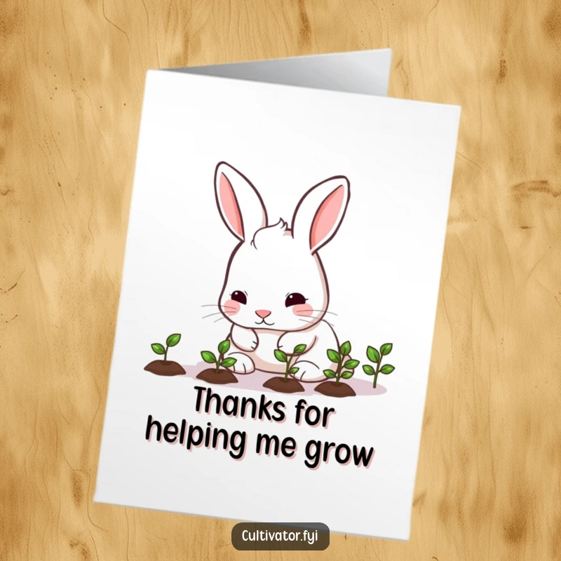 Cute Free Printable Thank You Card: A rabbit gently nurturing seedlings, conveying heartfelt thanks and appreciation.