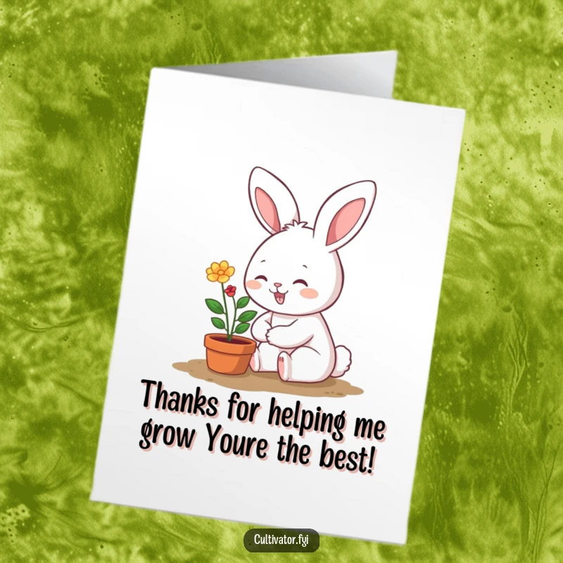 Funny Free Printable Thank You Card: Smiling bunny happily tending a vibrant potted plant, expressing heartfelt thanks.