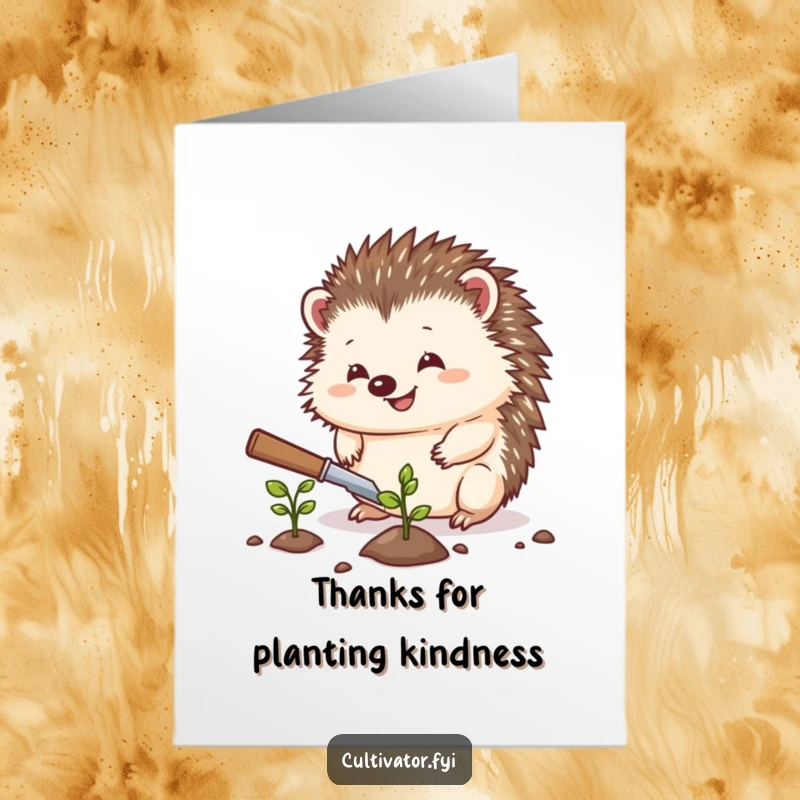 Funny Free Printable Thank You Card: A delightful hedgehog using a trowel to plant a seed, offering a humorous thank you.