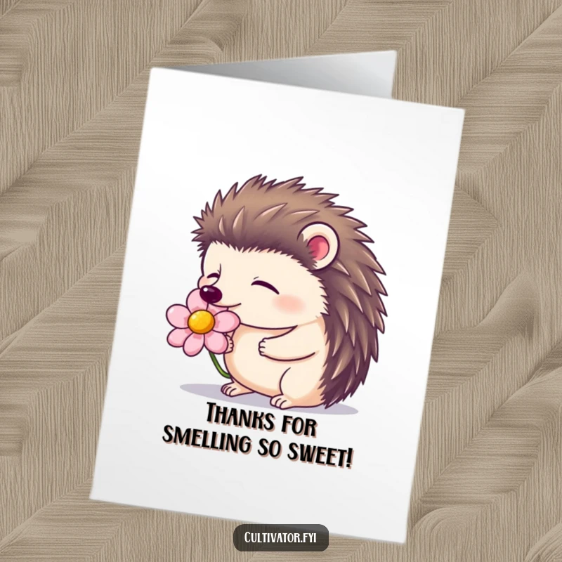Funny Free Printable Thank You Card: Content hedgehog smelling a flower with eyes closed, a peaceful thank you.