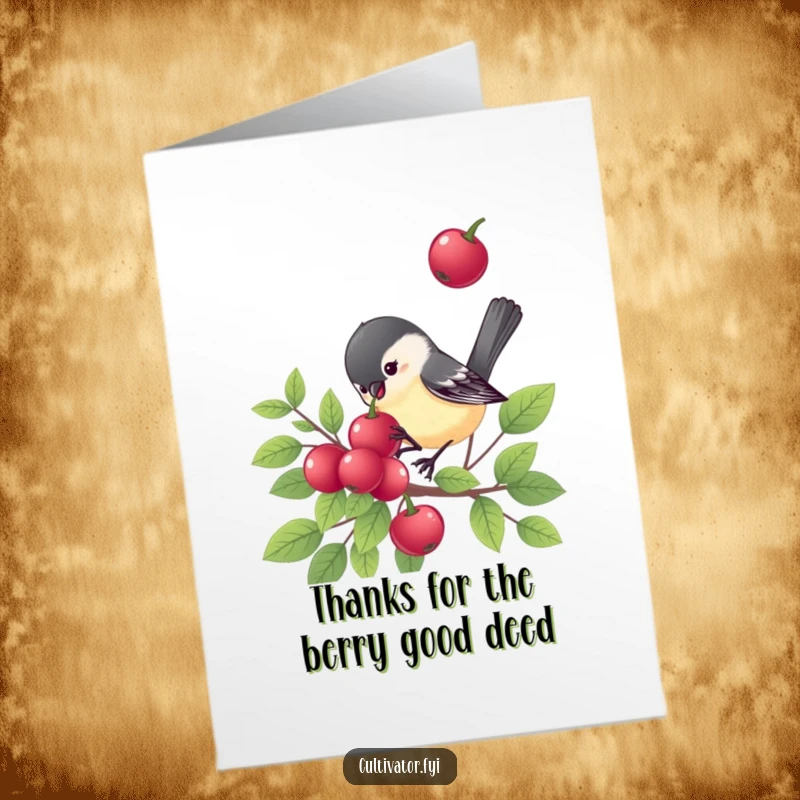 Funny Free Printable Thank You Card: A chickadee pecking a ripe berry, offering a humorous and sweet thank you.