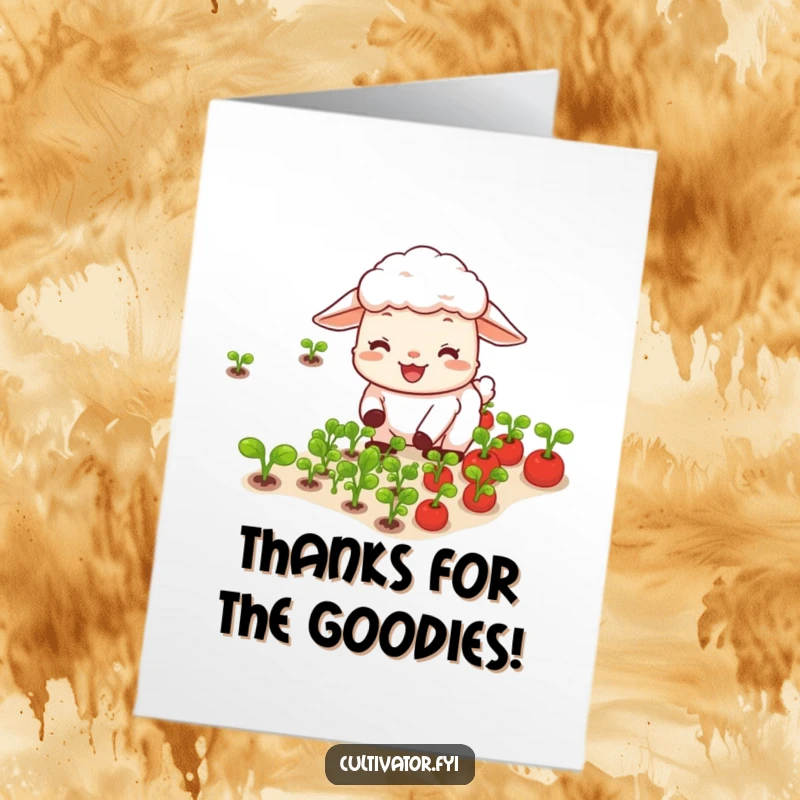 Funny Free Printable Thank You Card with a happy sheep tending tiny vegetables, conveying thanks with humor and a wholesome vibe.