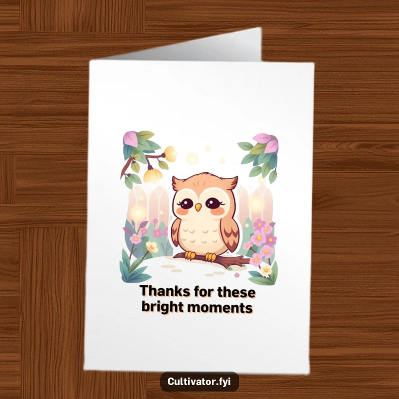 Funny Free Printable Thank You Card: Contented owl watches fireflies in a garden, expressing quiet thanks with gentle wonder.