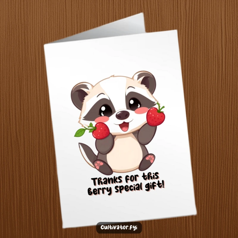 Funny Free Printable Thank You Card: Playful badger proudly shows off a freshly picked berry, a thankful gift.