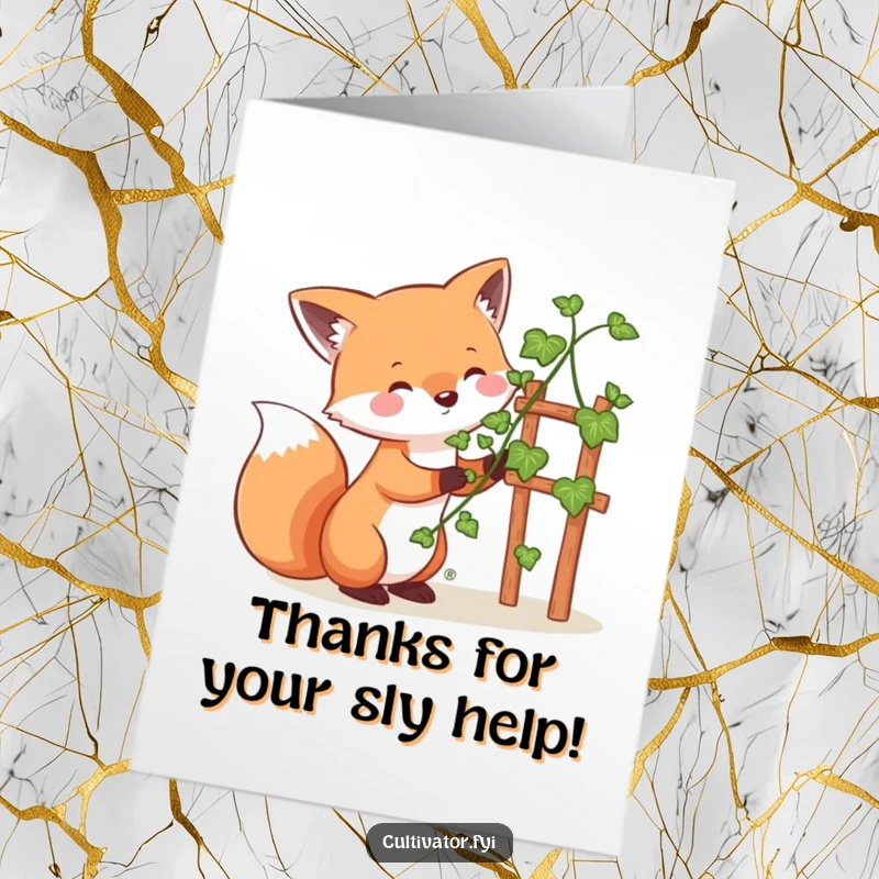 Charming Free Printable Thank You Card: Whimsical fox happily guiding a vine up a trellis, expressing gratitude, downloadable art, print at home.