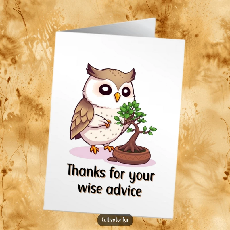 Funny Free Printable Owl Thank You Card: An owl carefully prunes a bonsai tree, a unique thank you.