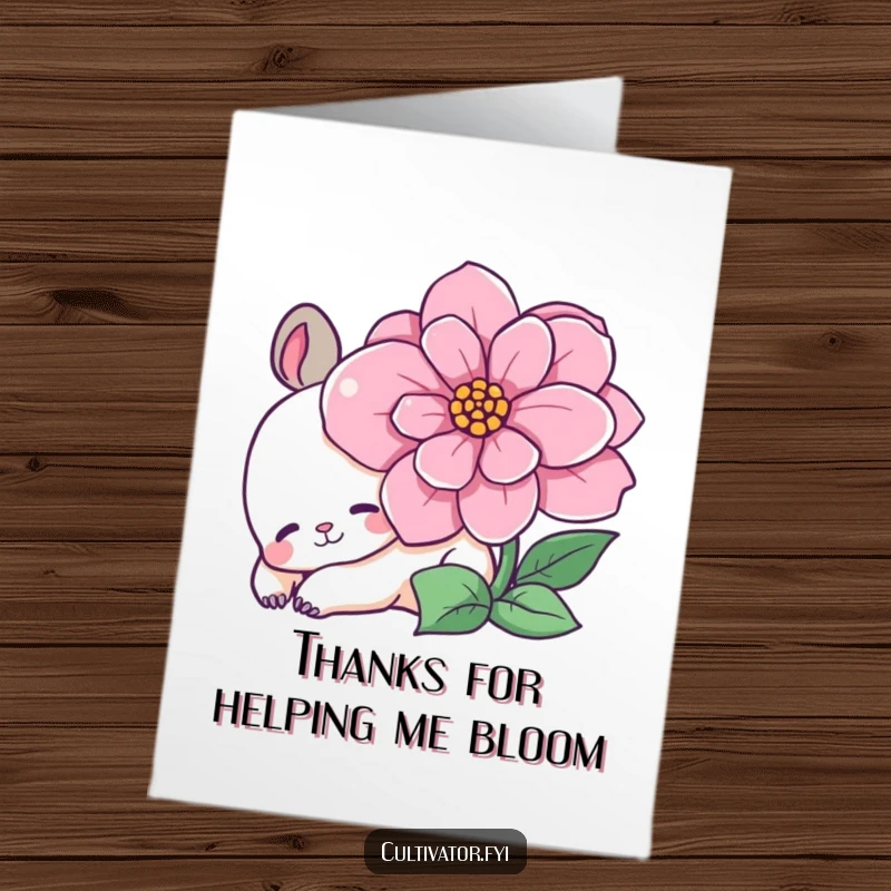 Funny Free Printable Thank You Card with a relaxed animal character pausing beside a colorful, blossoming flower, exuding gratitude.
