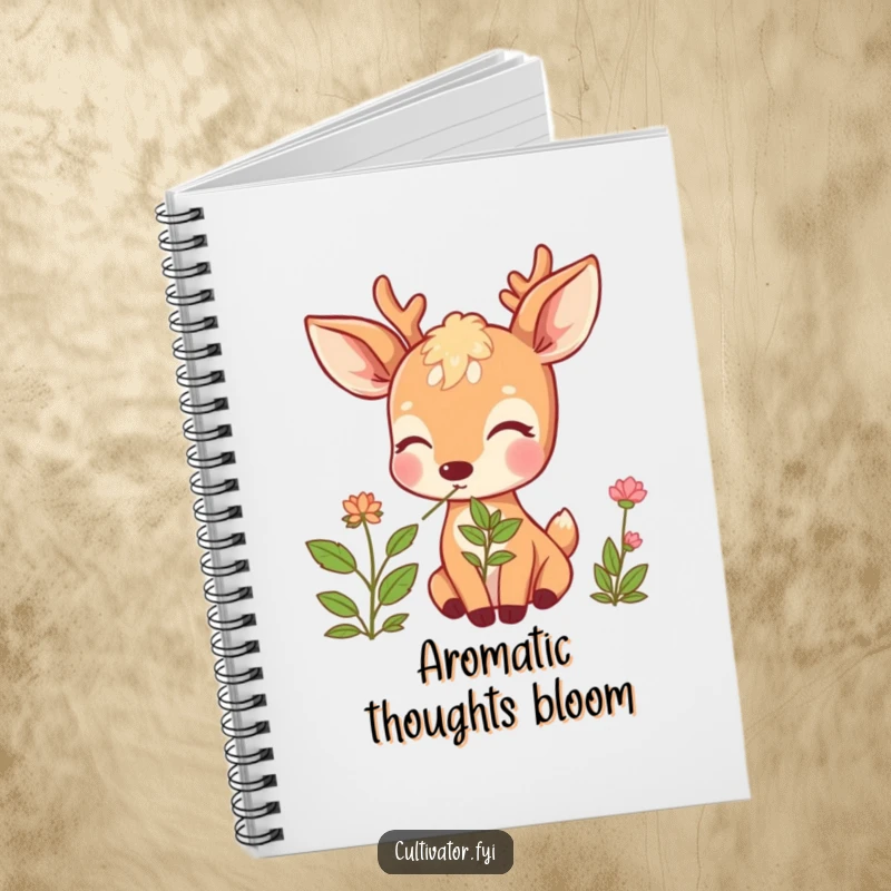 Funny Deer Notebook: Beaming deer joyfully sniffing a fragrant herb, ideal for writing notes and nature observations.