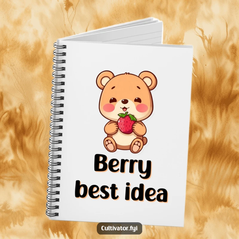 Funny notebook with a playful bear character proudly presenting a berry, perfect for recording proud moments.