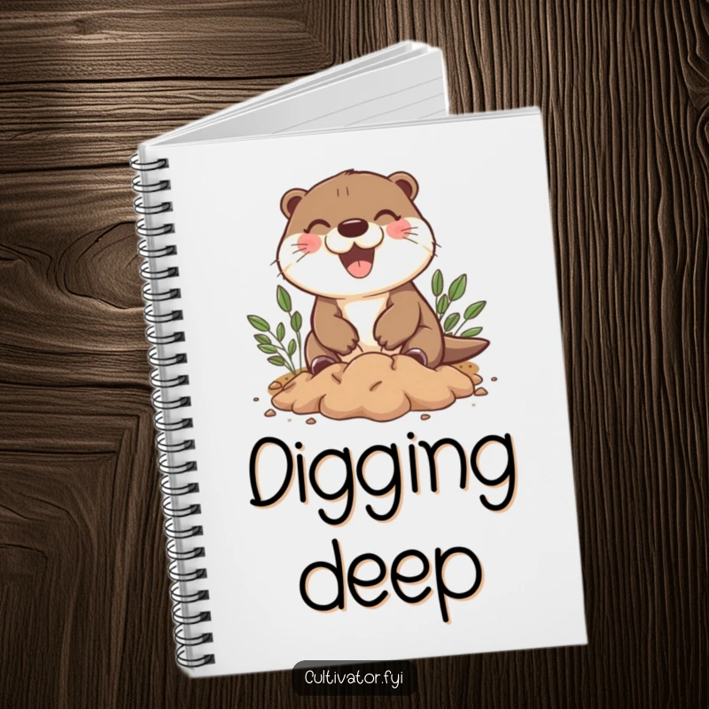 Funny notebook with a happy otter character joyfully digging, perfect for jotting down ideas and creative thoughts.