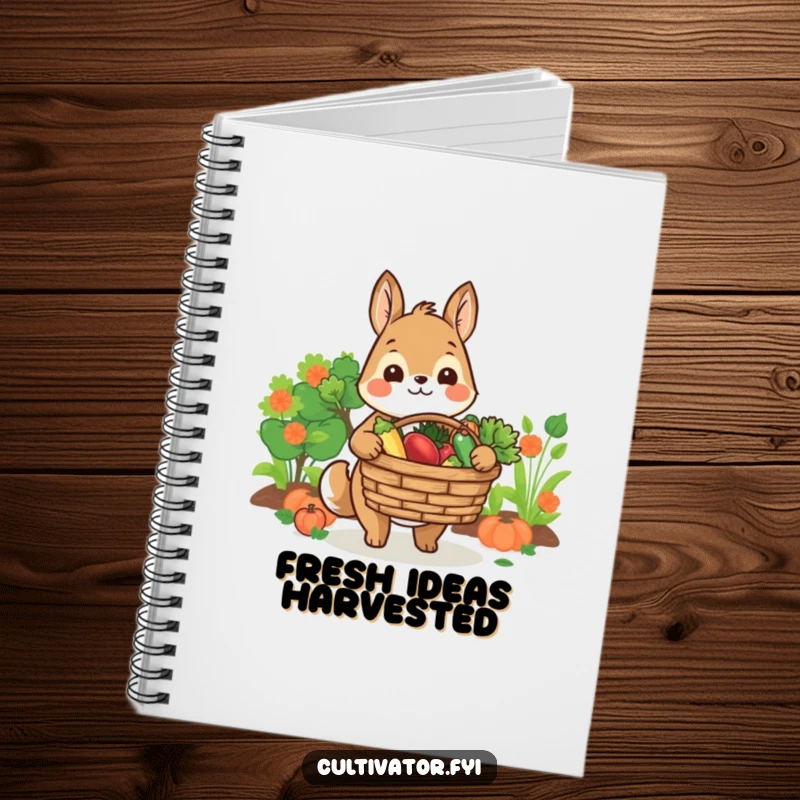 Funny notebook cover featuring a smiling animal character offering a basket of fresh produce, perfect for humorous recipe writing.