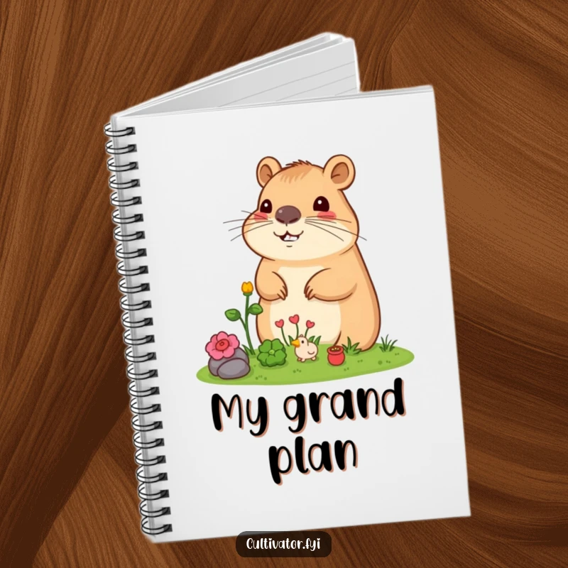 Funny Capybara Notebook: Content capybara surveying its miniature garden, ideal for jotting down notes and garden plans humorously.