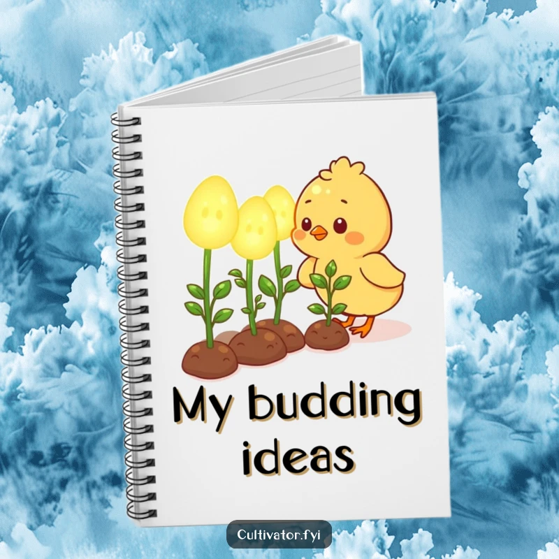 Funny notebook with a cute chick character happily tending to oversized, glowing seedlings, perfect for journaling gardening ideas humorously.