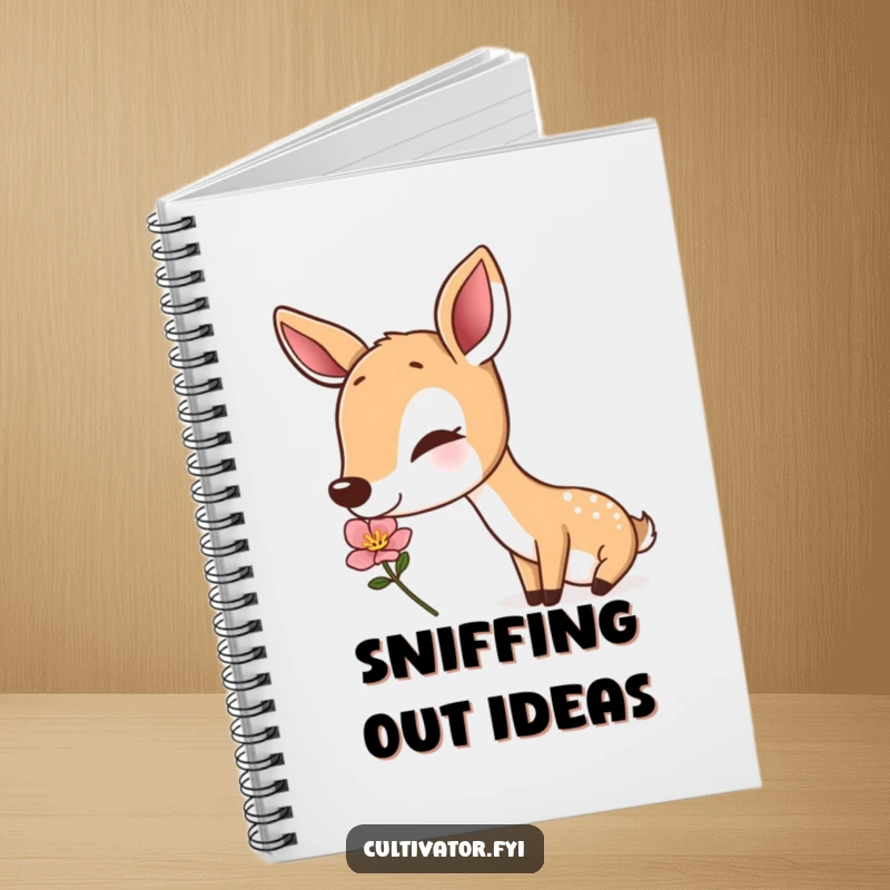Funny deer notebook, a deer enjoying a flower on the cover, ideal for writing, humorous stationery, excellent funny gift.