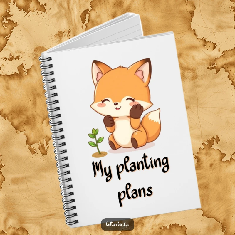 Funny Fox Notebook: Happy fox character gently tending a small sprout, perfect for journaling.