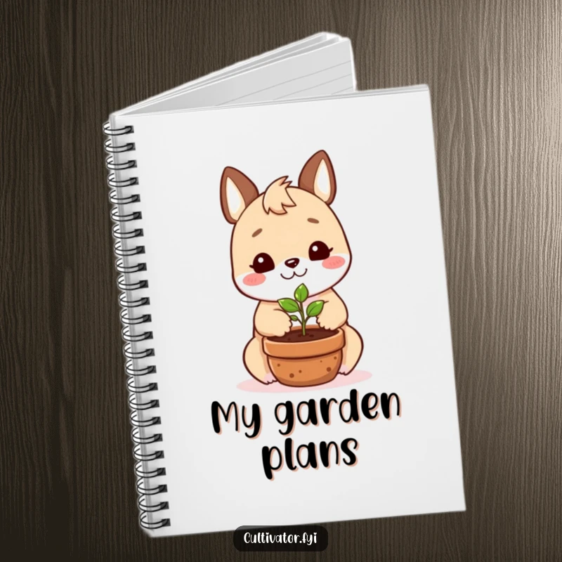 Funny notebook cover with a smiling animal character happily planting a tiny seedling in a pot, perfect for notes.