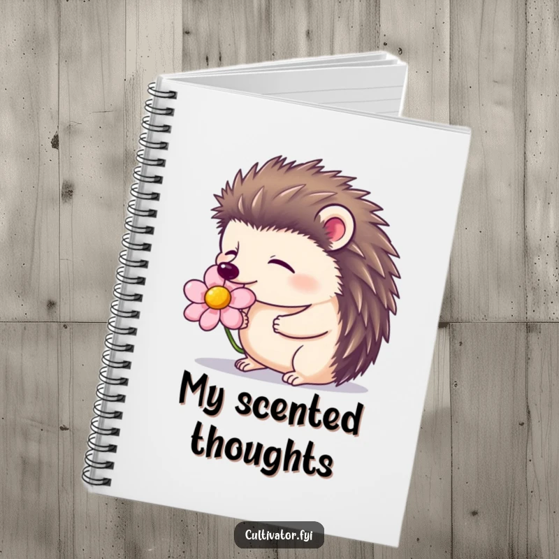 Funny notebook featuring a contented hedgehog with closed eyes, smelling a blooming flower, ideal for notes.