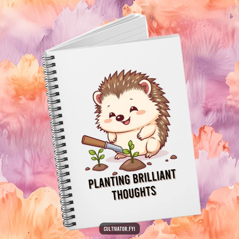 Funny hedgehog notebook, a hedgehog planting a seed on the cover, ideal for writing, humorous stationery, excellent funny gift.