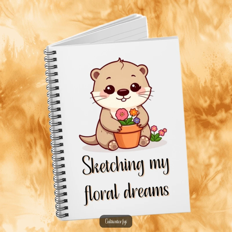 Funny otter notebook cover featuring a cheerful otter tending a vibrant flower pot, perfect for jotting down ideas.
