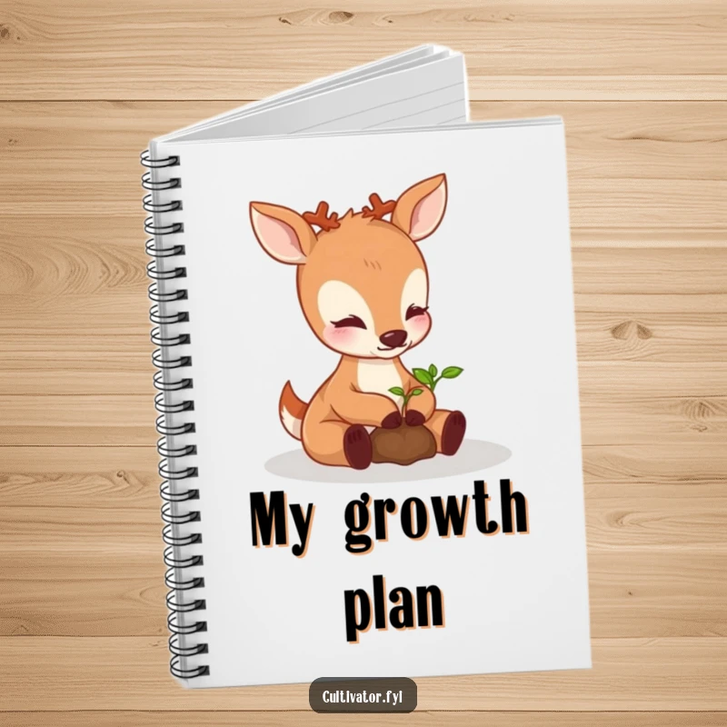 Funny perky deer notebook, carefully nurturing a sprouting seedling with its paws, perfect for capturing thoughts with a touch of woodland whimsy.