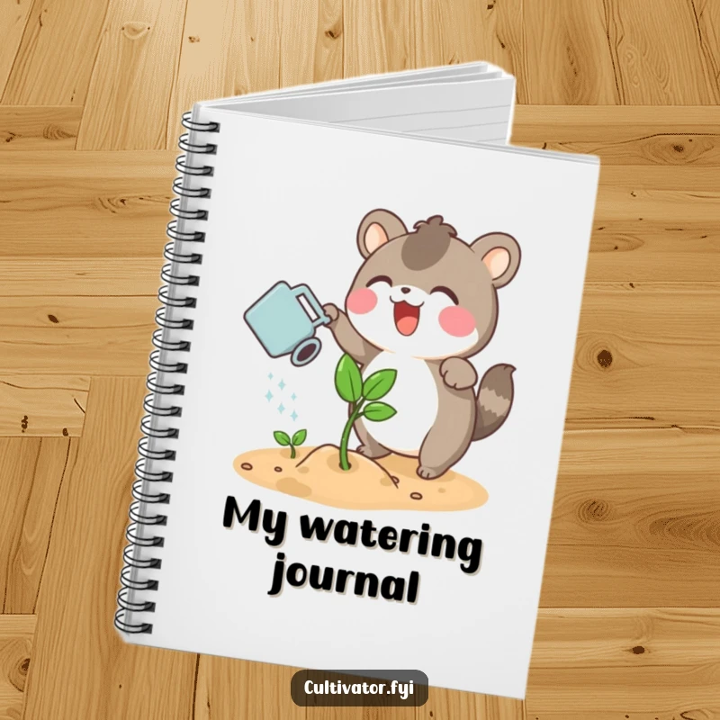 Funny notebook cover with an excited animal character watering a sprouting plant with a small watering can, perfect for notes.