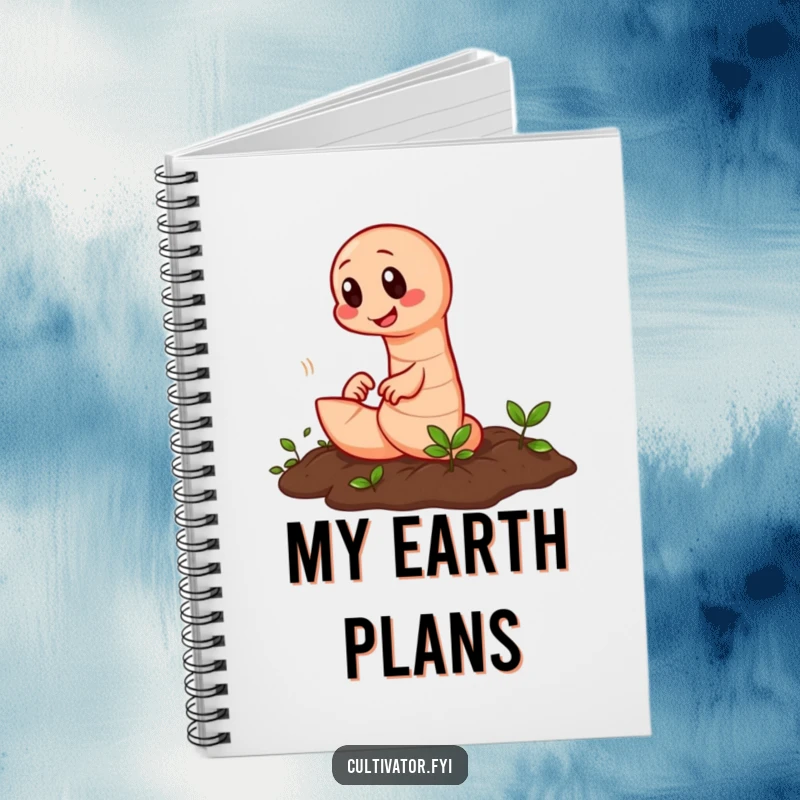 Funny earthworm tilling notebook with a diligent worm rapidly working the soil, perfect for notes.