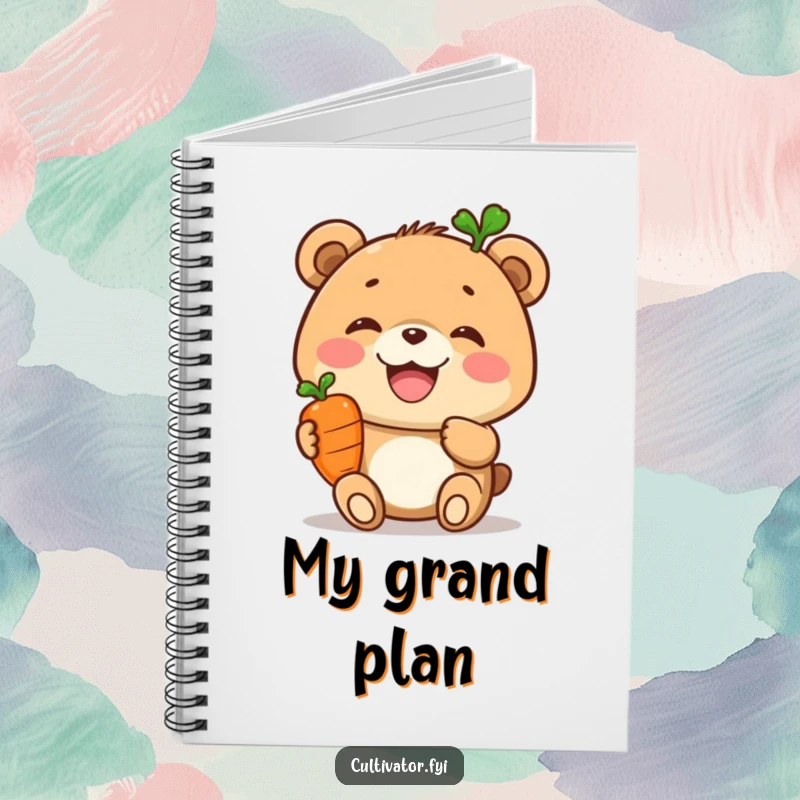 Funny notebook, joyful bear holding a carrot, journal for notes, healthy stationery, creative inspiration.
